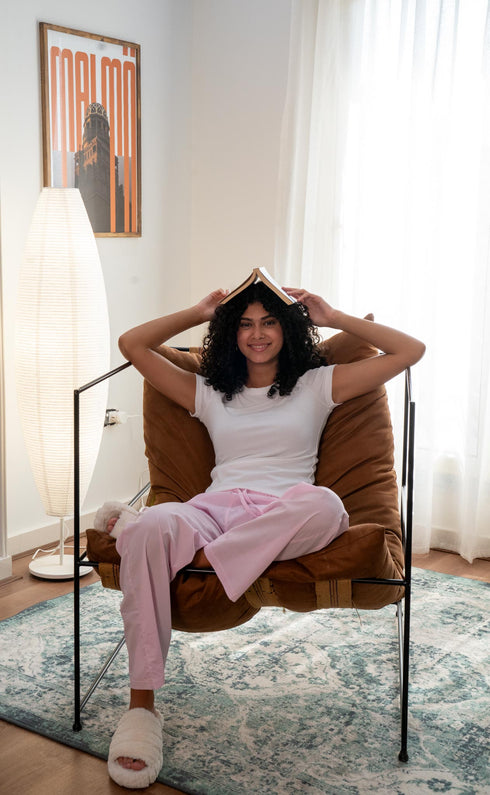 Women summer pajama set Off White T-shirt + Pink X White Stripes  Pants